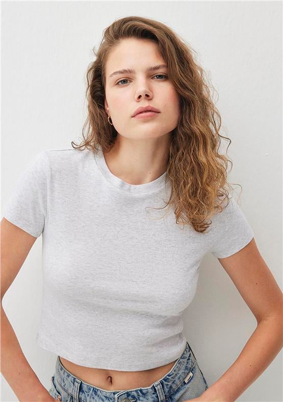 Mavı M1600814-85438 Kar Grı Melanj Kadın Crop Basıc Bısıklet Yaka T-Shırt