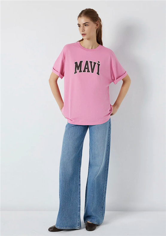 Mavi Y26 M1600843-71063 Cashmere Rose Kadın Oversıze Mavi Baskılı T-shirt