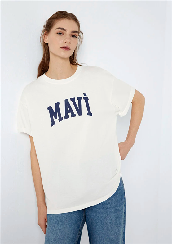 Mavi Y26 M1600843-81964 Kırık Beyaz Kadın Oversıze Mavi Baskılı T-shirt