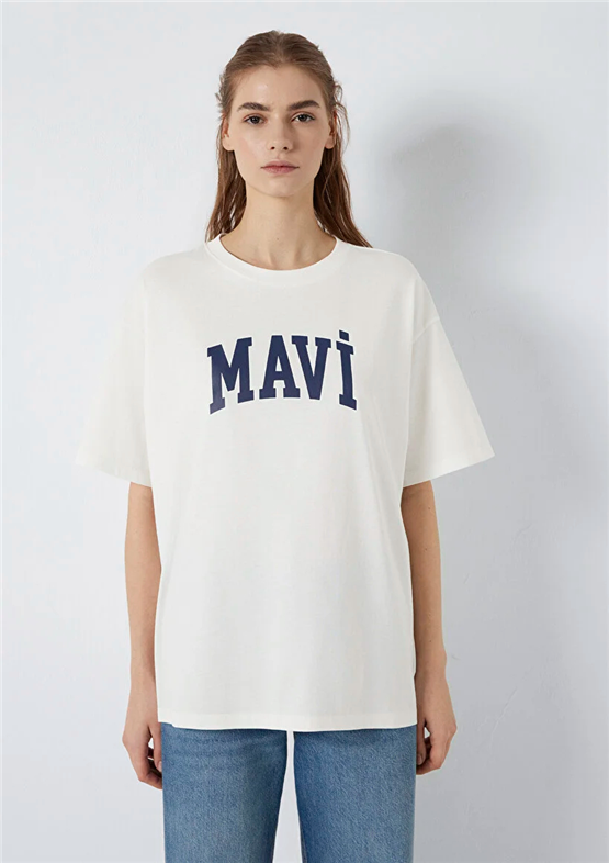 Mavi Y26 M1600843-81964 Kırık Beyaz Kadın Oversıze Mavi Baskılı T-shirt