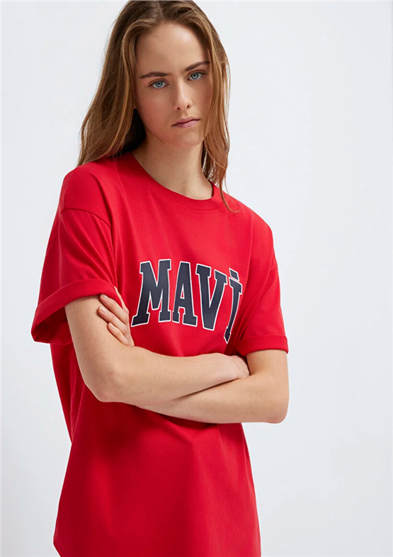 Mavi Y26 M1600843-82054 Acı Kırmızı Kadın Oversıze Mavi Baskılı T-shirt