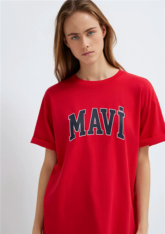 Mavi Y26 M1600843-82054 Acı Kırmızı Kadın Oversıze Mavi Baskılı T-shirt