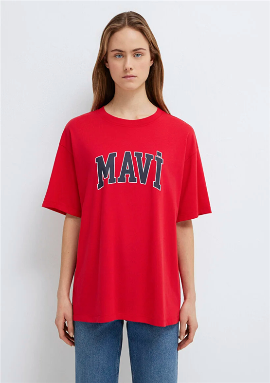 Mavi Y26 M1600843-82054 Acı Kırmızı Kadın Oversıze Mavi Baskılı T-shirt