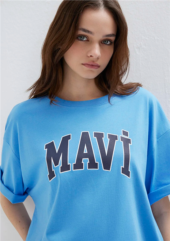 Mavi Y26 M1600843-91478 Marına Kadın Oversıze Mavi Baskılı T-shirt