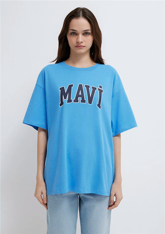 Mavi Y26 M1600843-91478 Marına Kadın Oversıze Mavi Baskılı T-shirt