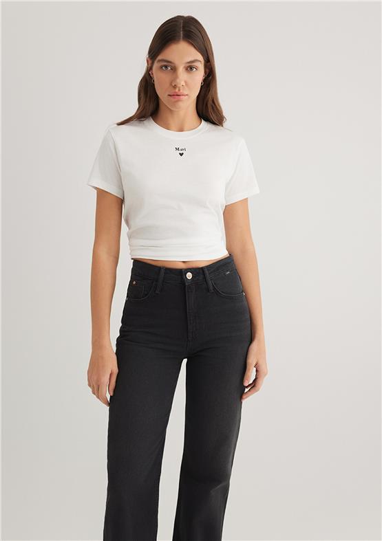 Mavı M1601185-33389 Kırık Beyaz Kadın Semı Slım Mavı Baskılı T-Shırt