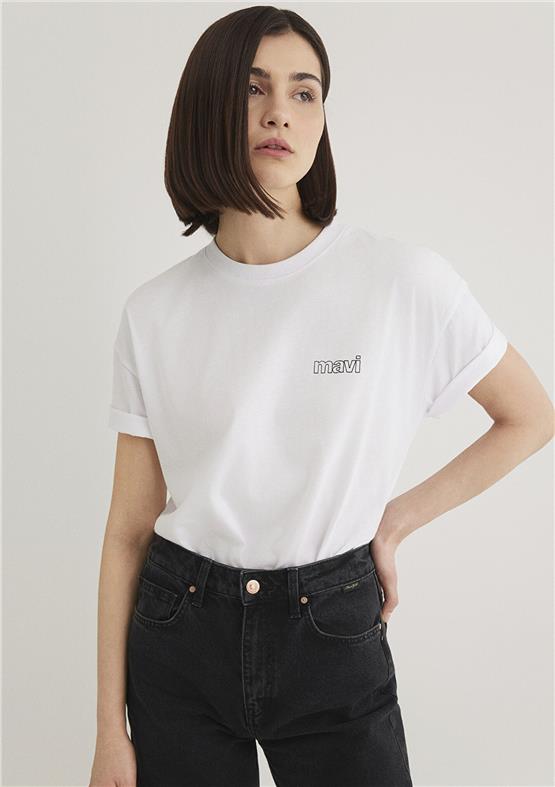 Mavi Y26 M1611309-620 Beyaz Kadın Loose Mavi Baskılı T-shirt
