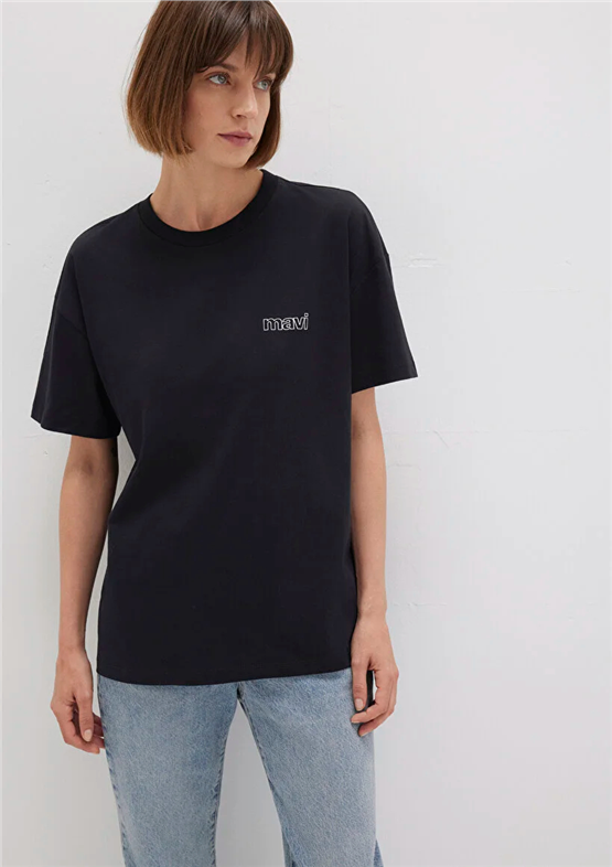 Mavi Y26 M1611309-900 Siyah Kadın Oversıze Kısa Kollu Baskılı T-shirt