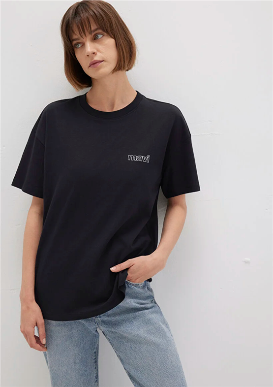 Mavi Y26 M1611309-900 Siyah Kadın Oversıze Kısa Kollu Baskılı T-shirt
