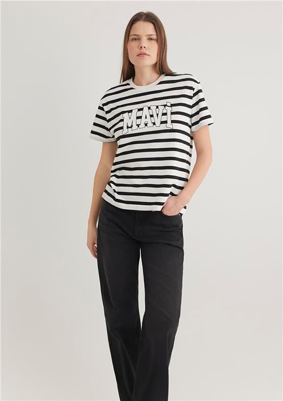 Mavi Y26 M1611360-84041 Siyah Beyaz Çizgili Kadın Regular Logo Baskılı T-shirt