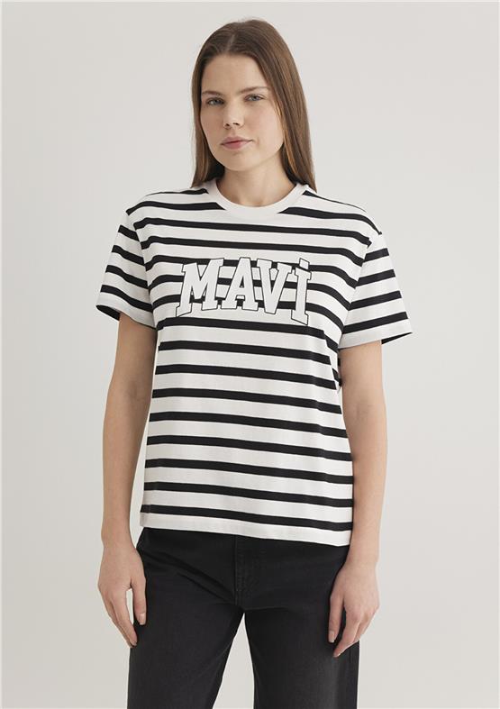 Mavi Y26 M1611360-84041 Siyah Beyaz Çizgili Kadın Regular Logo Baskılı T-shirt