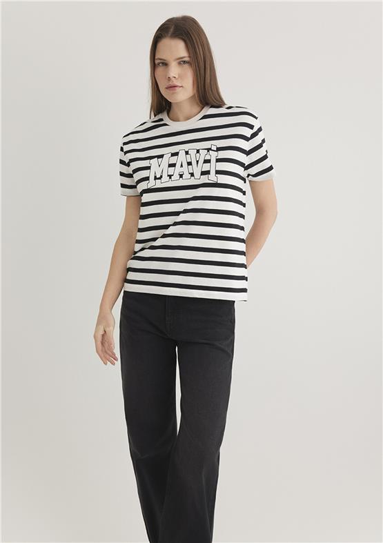 Mavi Y26 M1611360-84041 Siyah Beyaz Çizgili Kadın Regular Logo Baskılı T-shirt
