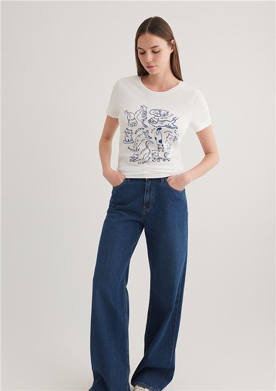 Mavı M1612206-70057 Kırık Beyaz Kadın Slım Kedı Baskılı Grafık T-Shırt