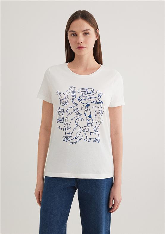 Mavı M1612206-70057 Kırık Beyaz Kadın Slım Kedı Baskılı Grafık T-Shırt