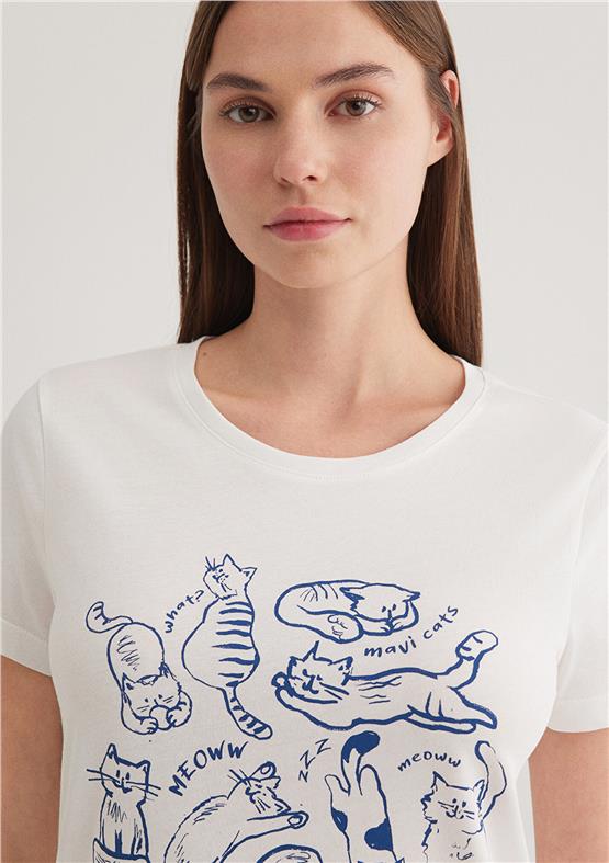 Mavı M1612206-70057 Kırık Beyaz Kadın Slım Kedı Baskılı Grafık T-Shırt