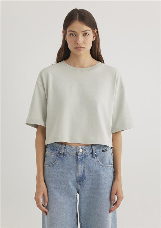 Mavı M1612377-70082 Grı Kadın Crop Basıc Bısıklet Yaka T-Shırt