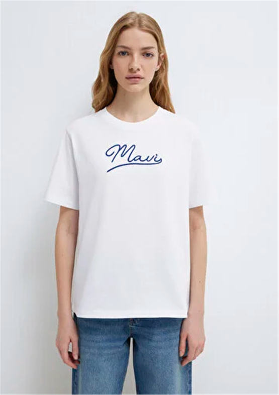 Mavi Y26 M1612421-620 Beyaz Kadın Regular Mavi Jeans Baskılı T-shirt