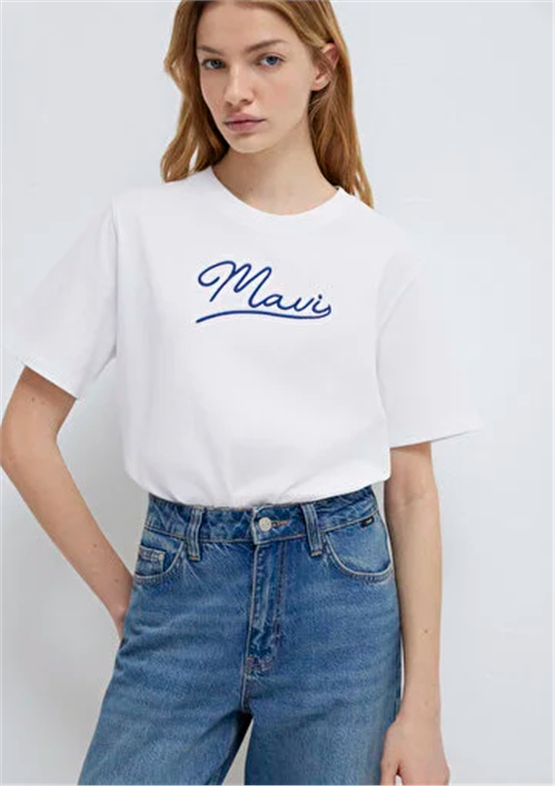 Mavi Y26 M1612421-620 Beyaz Kadın Regular Mavi Jeans Baskılı T-shirt