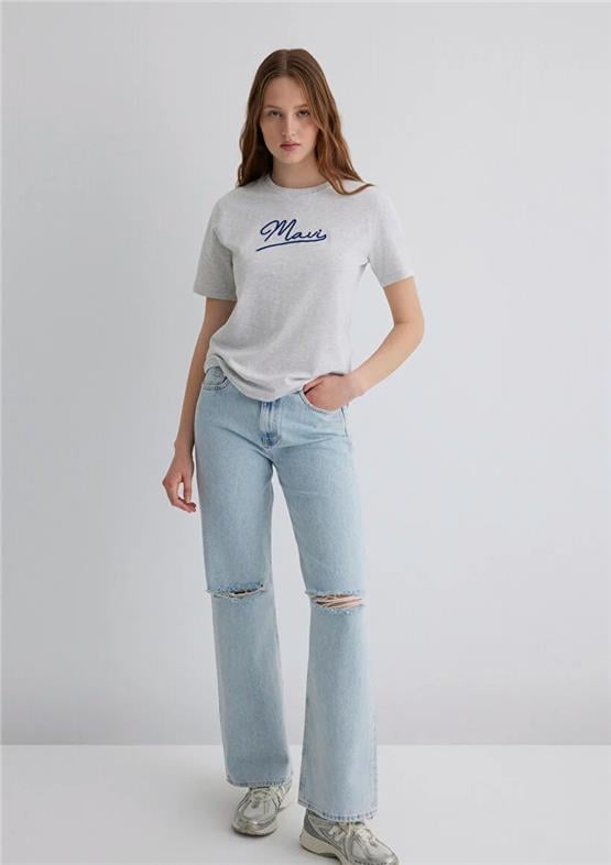 Mavı M1612421-87033 Lıght Grey Melange Kadın Regular Mavı Jeans Baskılı T-Shırt