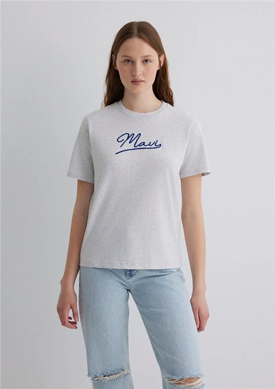 Mavı M1612421-87033 Lıght Grey Melange Kadın Regular Mavı Jeans Baskılı T-Shırt