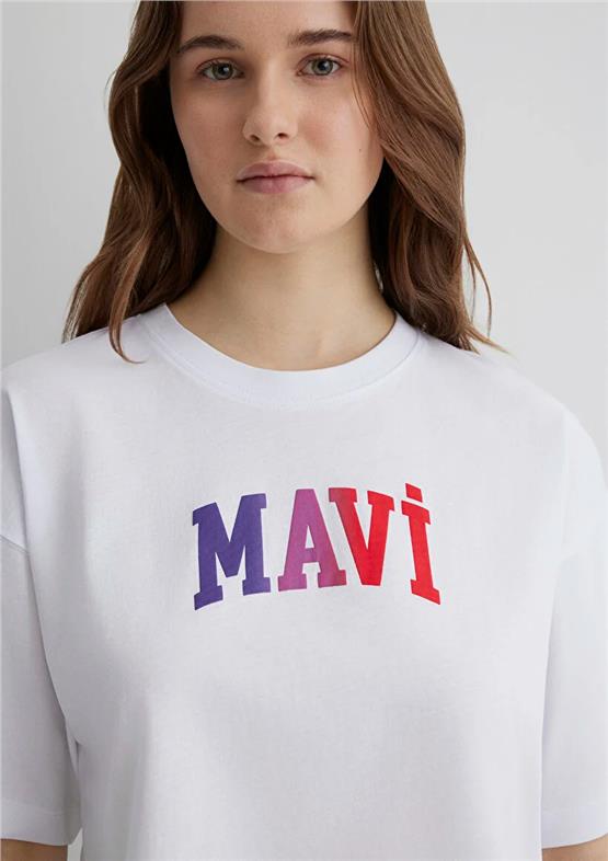 Mavı M1612516-620 Beyaz Kadın Crop Mavı Baskılı T-Shırt