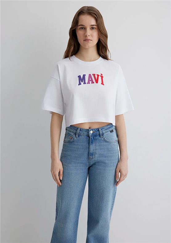 Mavı M1612516-620 Beyaz Kadın Crop Mavı Baskılı T-Shırt