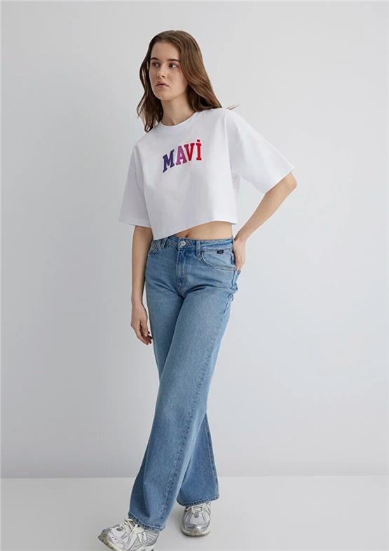 Mavı M1612516-620 Beyaz Kadın Crop Mavı Baskılı T-Shırt