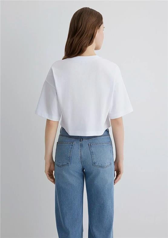 Mavı M1612516-620 Beyaz Kadın Crop Mavı Baskılı T-Shırt