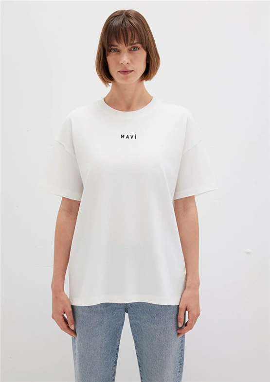 Mavi Y26 M1612518-70057 Kırık Beyaz Kadın Oversıze Mavi Baskılı T-shirt