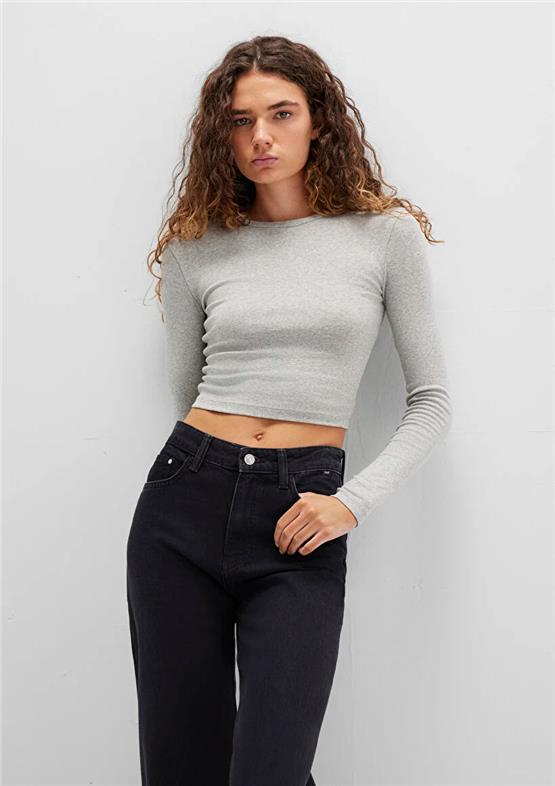 Mavı M1612822-88467 Acık Grı Melanj Kadın Uzun Kollu Basıc Crop Sweatshırt