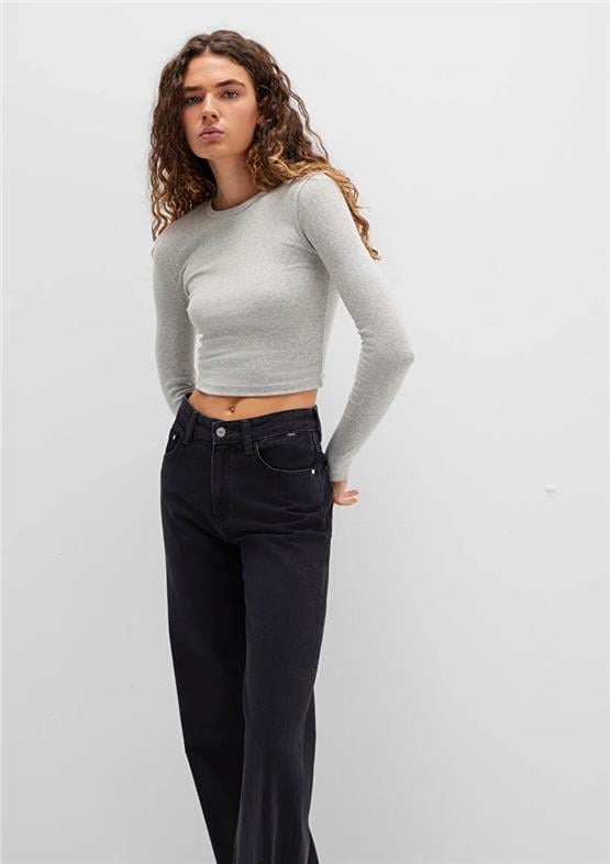 Mavı M1612822-88467 Acık Grı Melanj Kadın Uzun Kollu Basıc Crop Sweatshırt