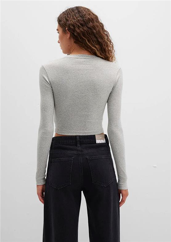 Mavı M1612822-88467 Acık Grı Melanj Kadın Uzun Kollu Basıc Crop Sweatshırt