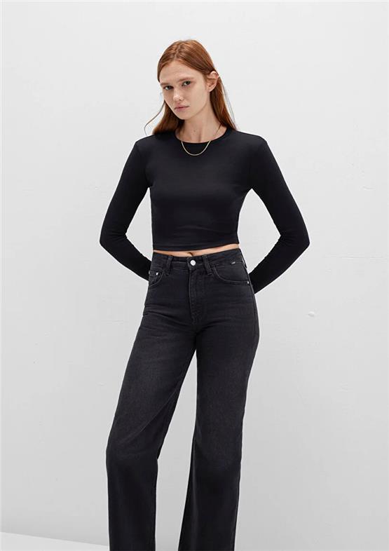 Mavı M1612822-900 Sıyah Kadın Uzun Kollu Basıc Crop Sweatshırt