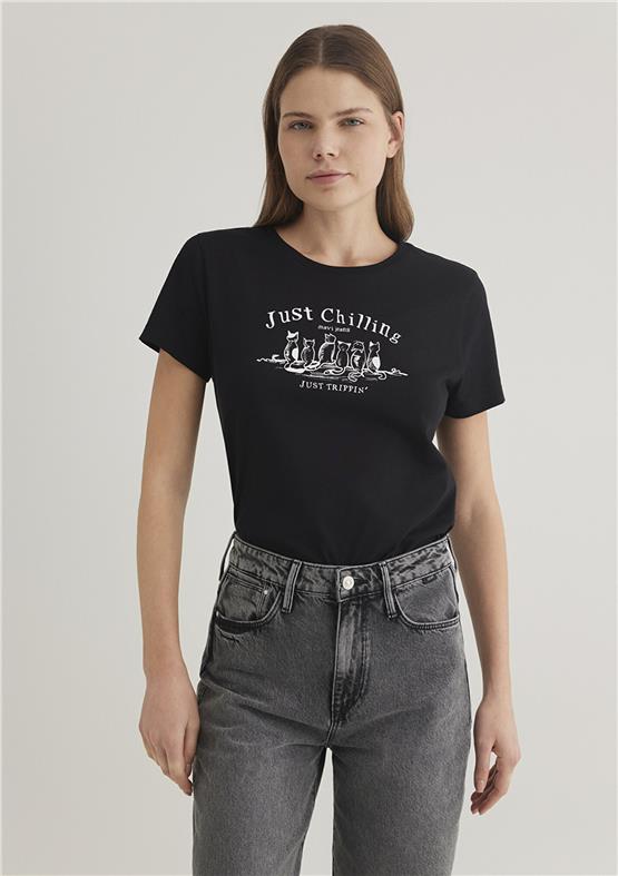 Mavı M1612940-900 Sıyah Kadın Semı Slım Kedı Baskılı Grafık T-Shırt