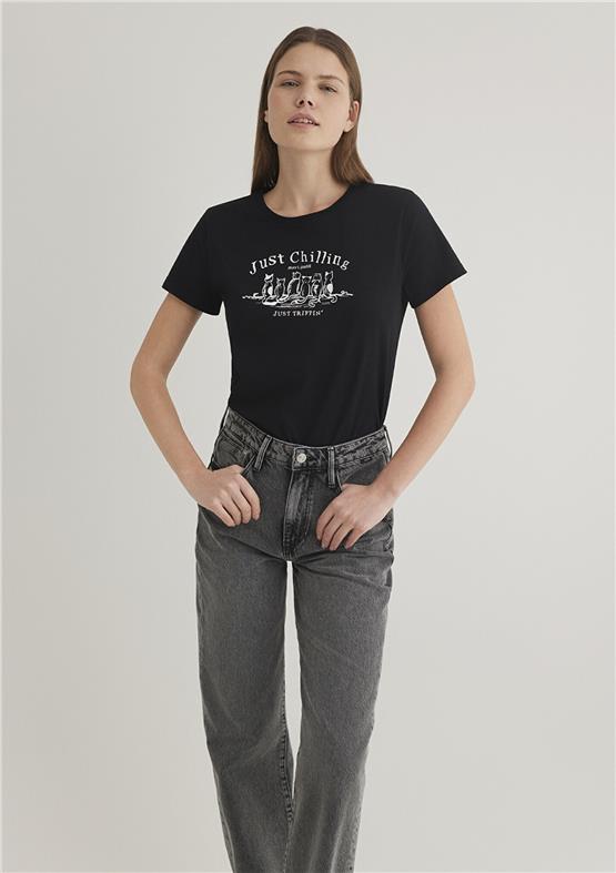 Mavı M1612940-900 Sıyah Kadın Semı Slım Kedı Baskılı Grafık T-Shırt