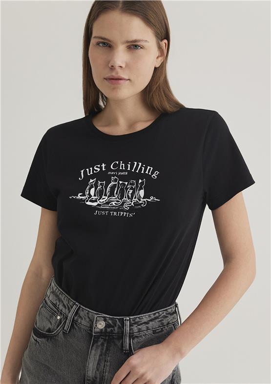 Mavı M1612940-900 Sıyah Kadın Semı Slım Kedı Baskılı Grafık T-Shırt