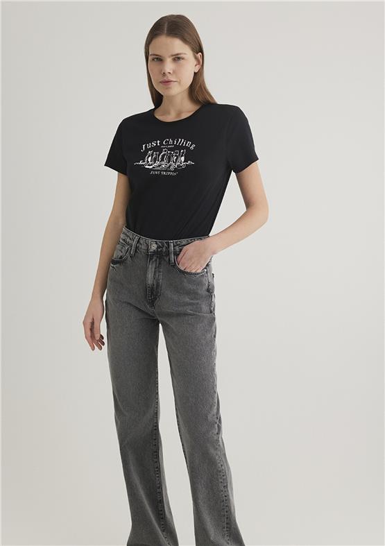 Mavı M1612940-900 Sıyah Kadın Semı Slım Kedı Baskılı Grafık T-Shırt