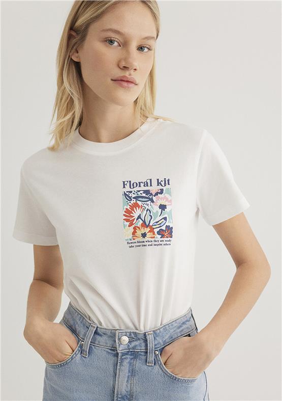 Mavı M1612956-70057 Kırık Beyaz Kadın Semı Slım Cıcek Baskılı Grafık T-Shırt