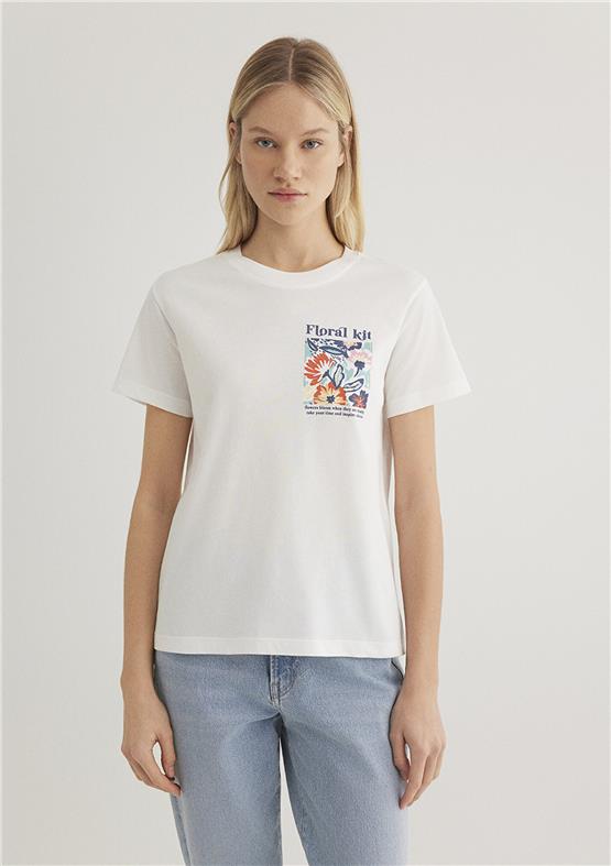Mavı M1612956-70057 Kırık Beyaz Kadın Semı Slım Cıcek Baskılı Grafık T-Shırt