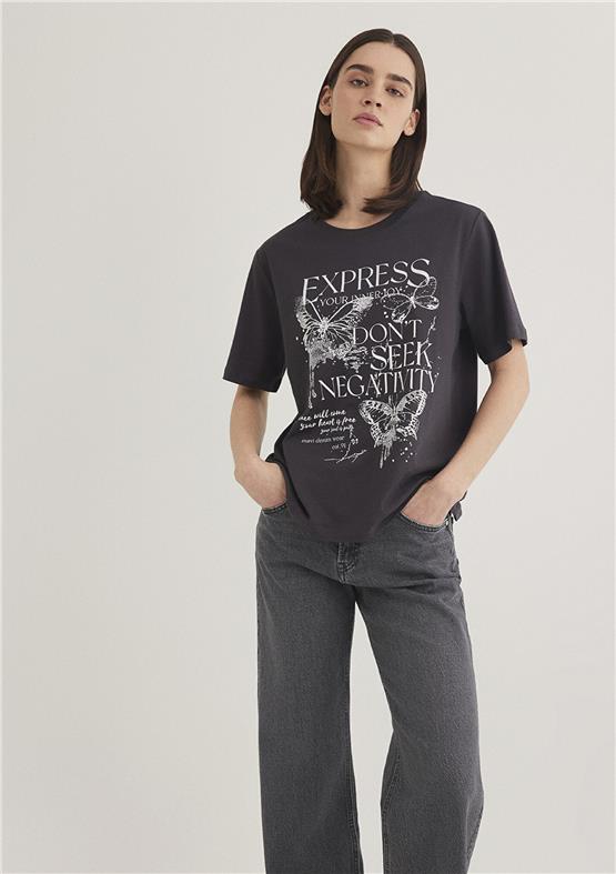 Mavı M1612978-86952 Komur Kadın Regular Slogan Baskılı Grafık T-Shırt