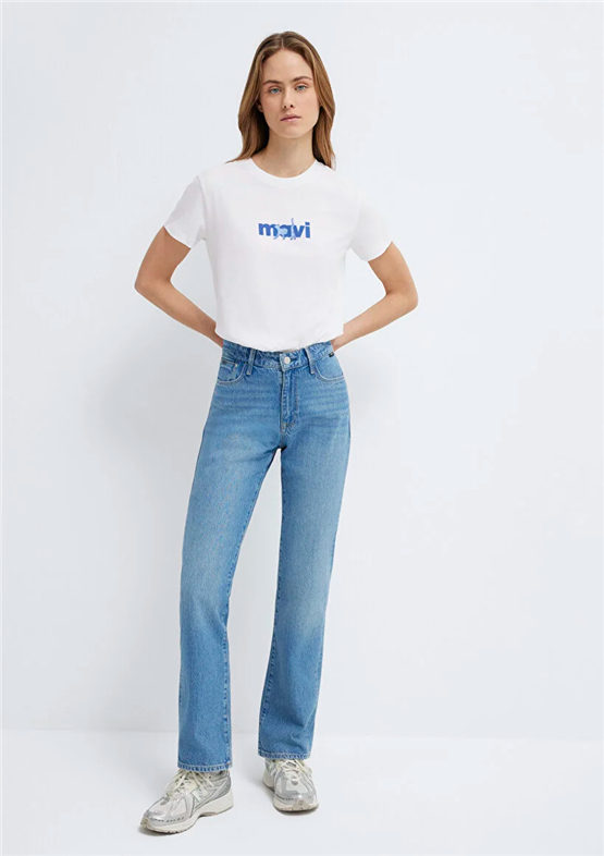 Mavi Y26 M1613287-620 Beyaz Kadın Slim Mavi Baskılı T-shirt