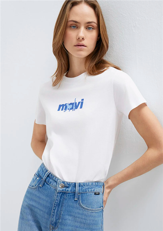 Mavi Y26 M1613287-620 Beyaz Kadın Slim Mavi Baskılı T-shirt