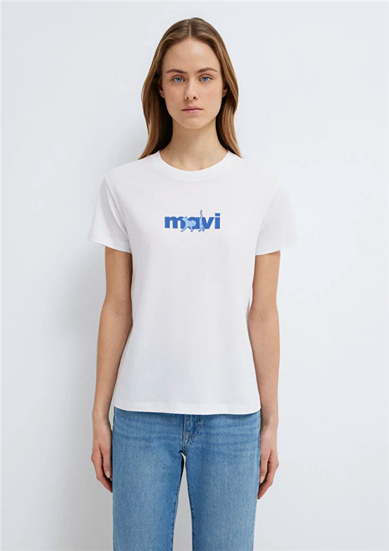 Mavi Y26 M1613287-620 Beyaz Kadın Slim Mavi Baskılı T-shirt