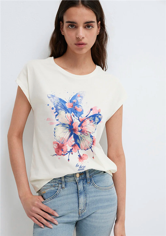 Mavi Y26 M1613718-80194 Hindistan Cevizi Kadın Regular Kelebek Baskılı T-shirt