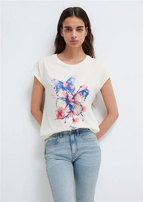 Mavi Y26 M1613718-80194 Hindistan Cevizi Kadın Regular Kelebek Baskılı T-shirt