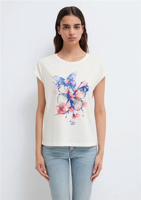 Mavi Y26 M1613718-80194 Hindistan Cevizi Kadın Regular Kelebek Baskılı T-shirt