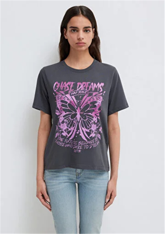 Mavi Y26 M1613720-83620 Gri İnce Çizgili Kadın Regular Kelebek Baskılı T-shirt