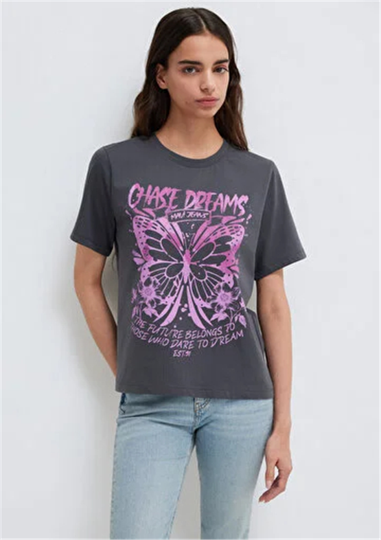 Mavi Y26 M1613720-83620 Gri İnce Çizgili Kadın Regular Kelebek Baskılı T-shirt