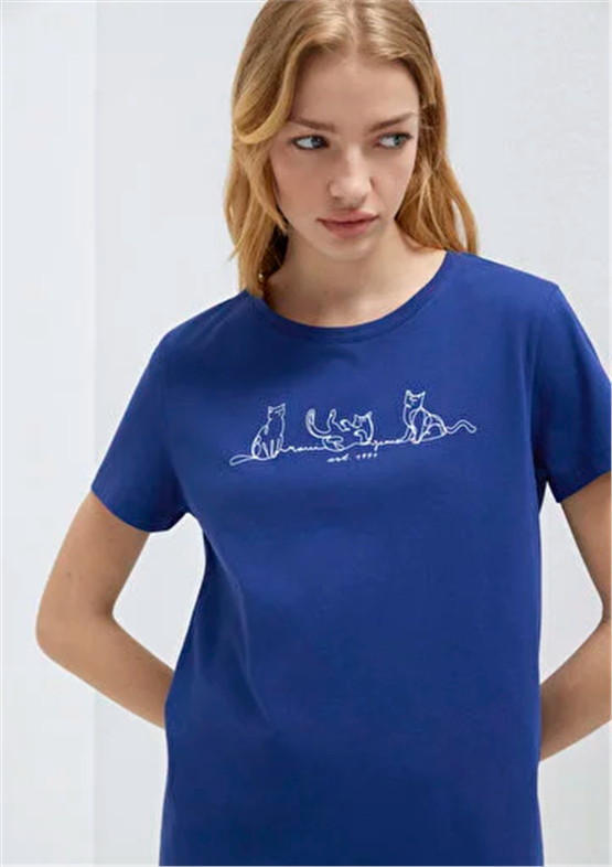 Mavi Y26 M1613721-70722 Koyu Saks Mavi Kadın Slim Kedi Baskılı T-shirt