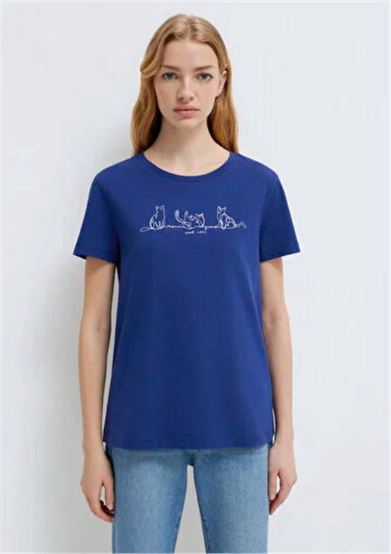 Mavi Y26 M1613721-70722 Koyu Saks Mavi Kadın Slim Kedi Baskılı T-shirt